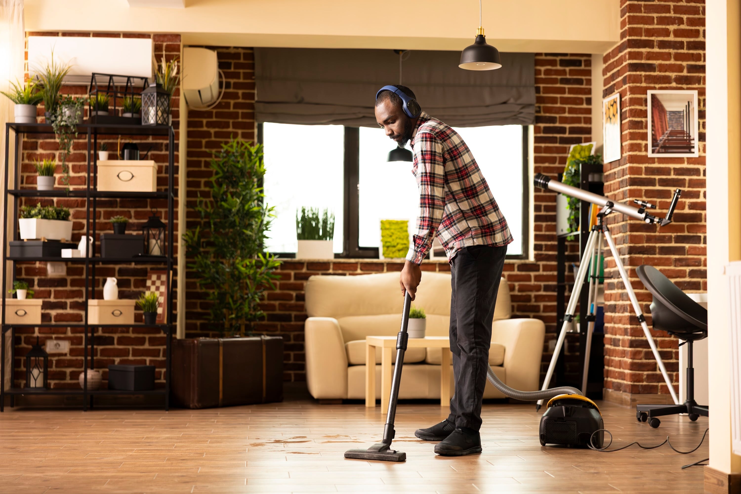 Man listening to podcast while cleaning