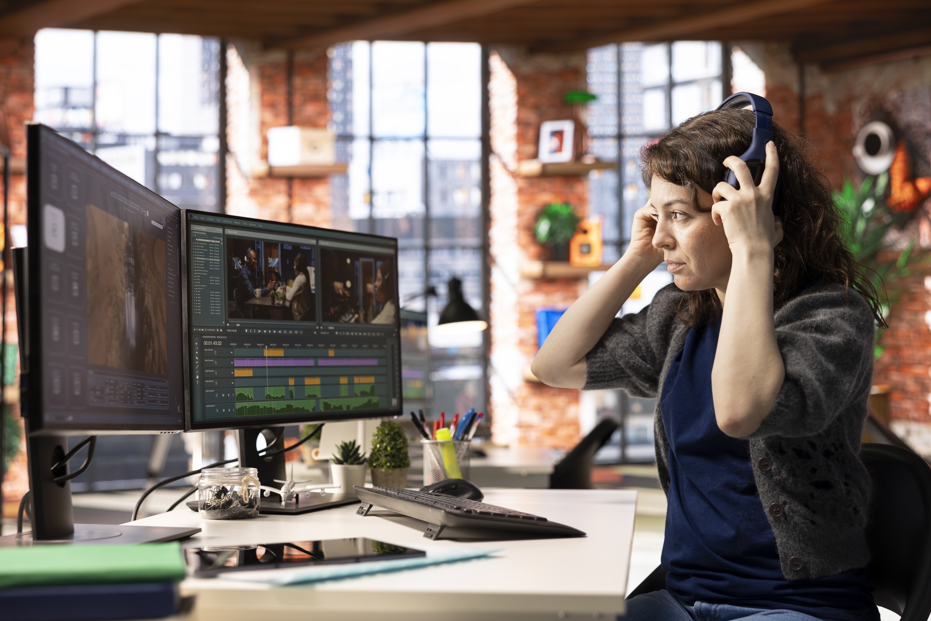 Woman editing podcast on computers